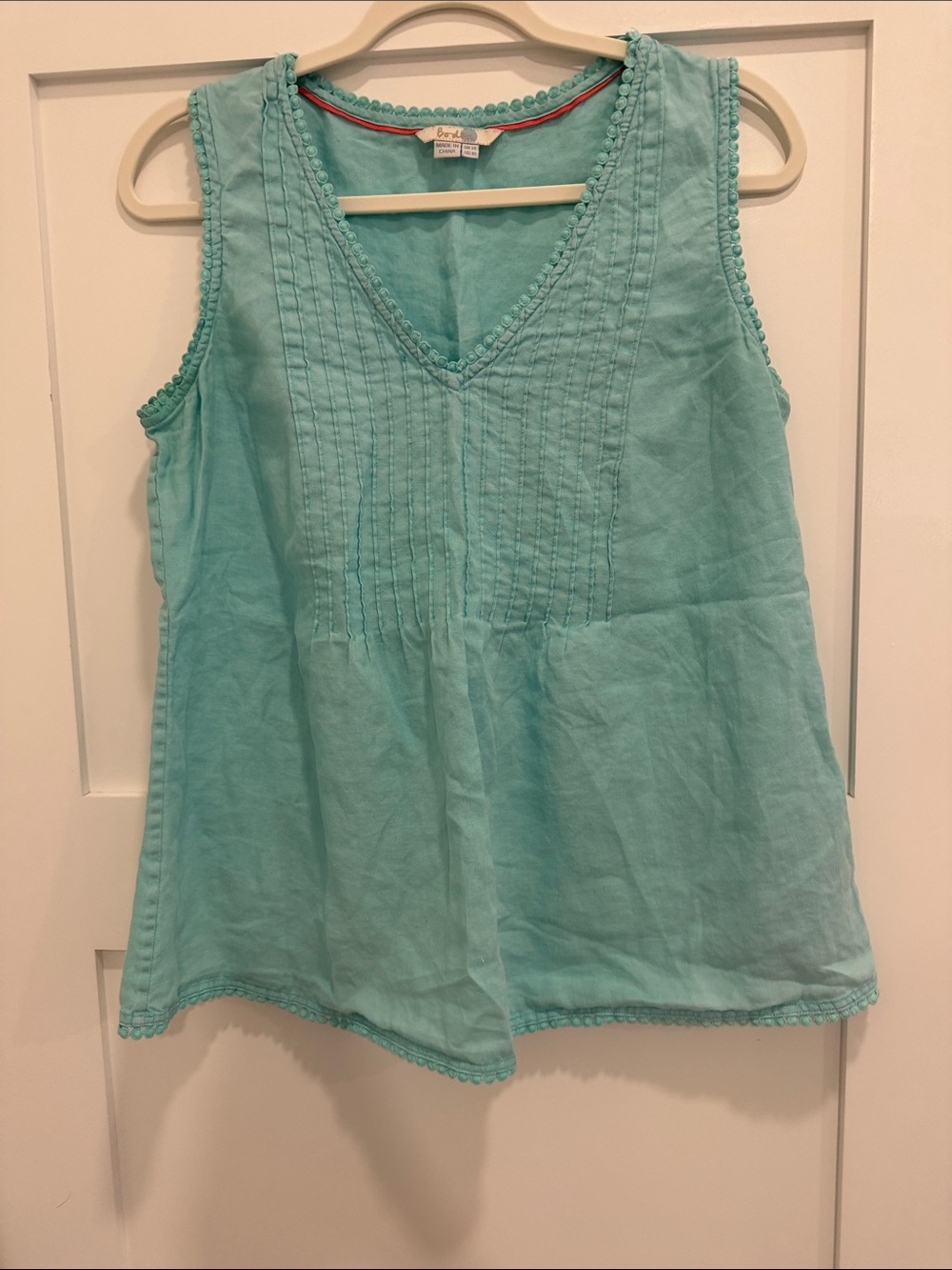 Boden Aqua Blue Pom Pom Trim Sleeveless Linen Blend Top Size 10